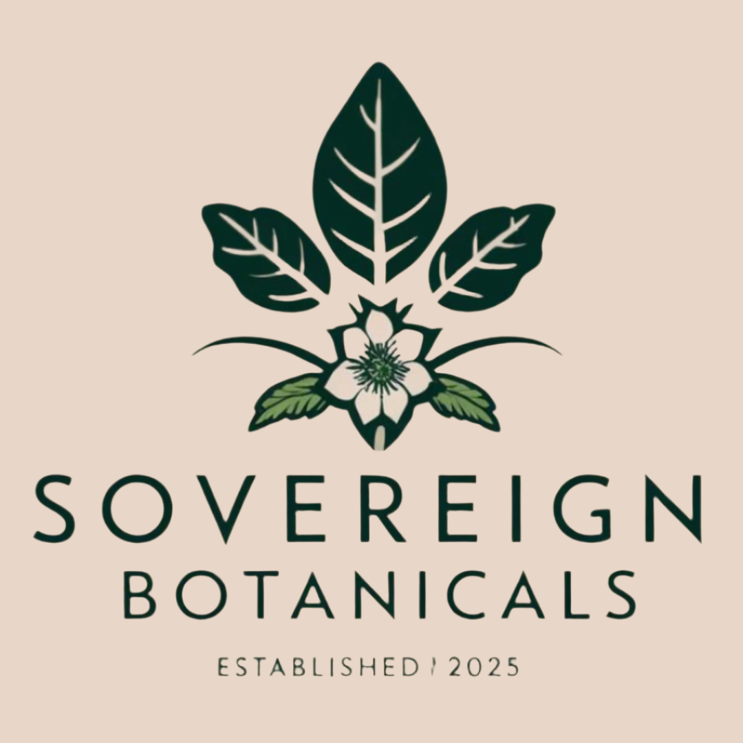 Logo of Sovereign Botanicals with leaves and a flower on a white background